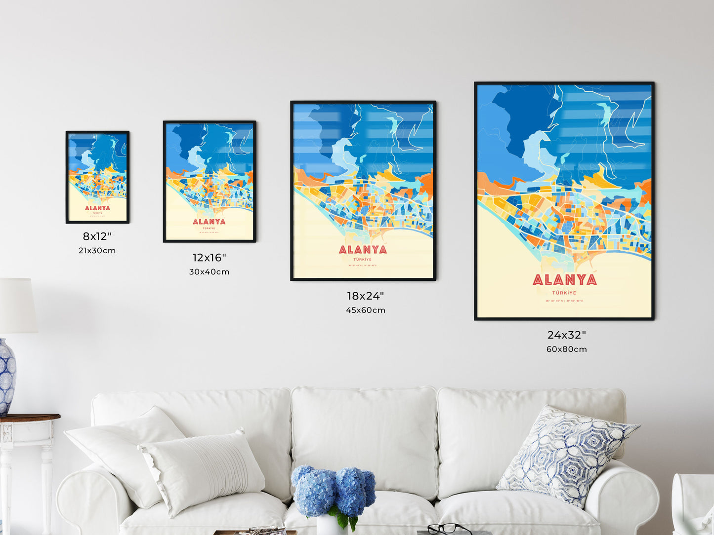 Colorful ALANYA TURKEY Fine Art Map Blue Orange