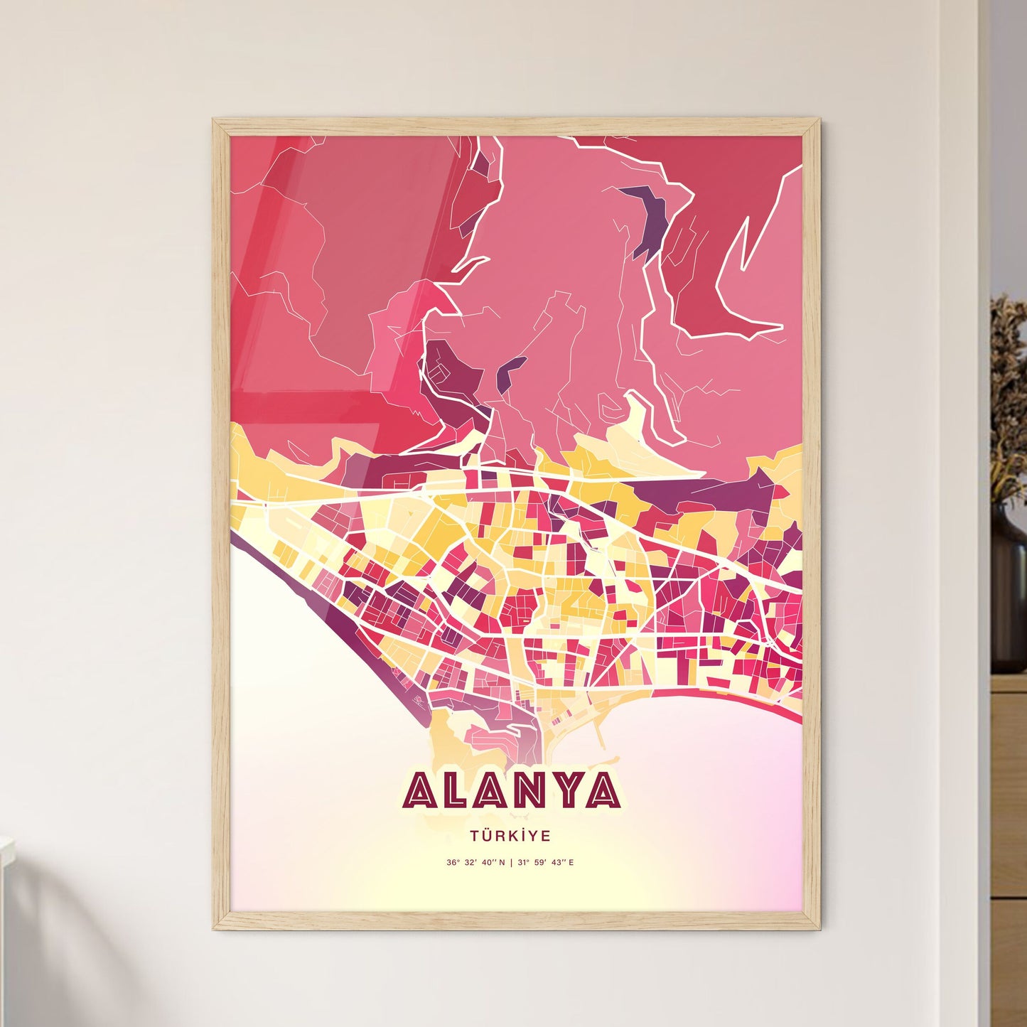 Colorful ALANYA TURKEY Fine Art Map Hot Red