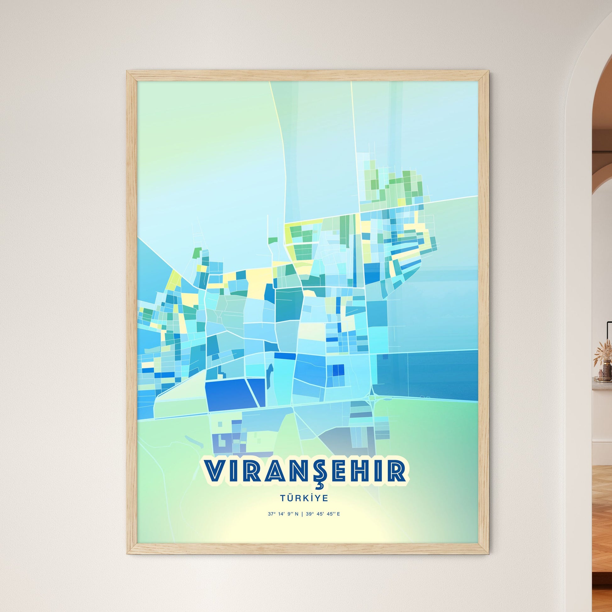 Colorful VIRANŞEHIR TURKEY Fine Art Map Cool Blue