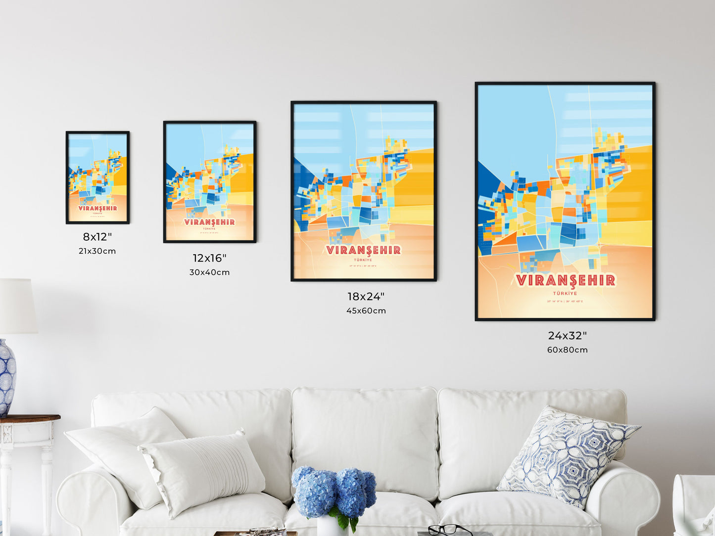 Colorful VIRANŞEHIR TURKEY Fine Art Map Blue Orange