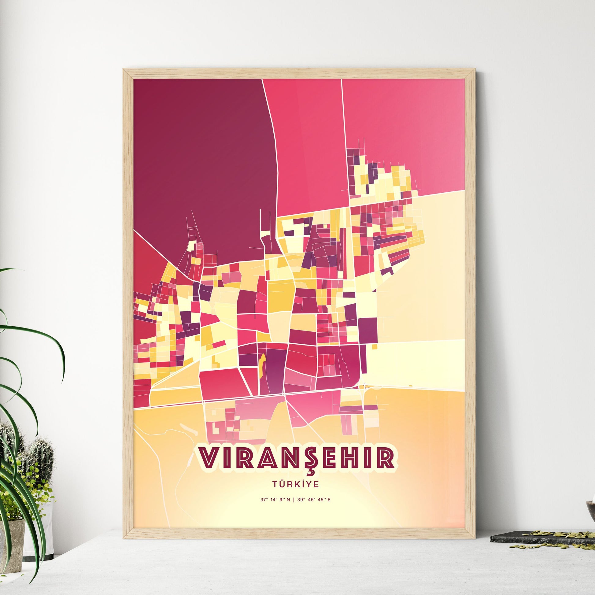 Colorful VIRANŞEHIR TURKEY Fine Art Map Hot Red