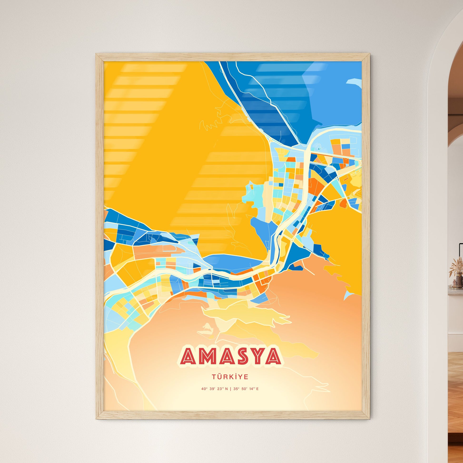 Colorful AMASYA TURKEY Fine Art Map Blue Orange