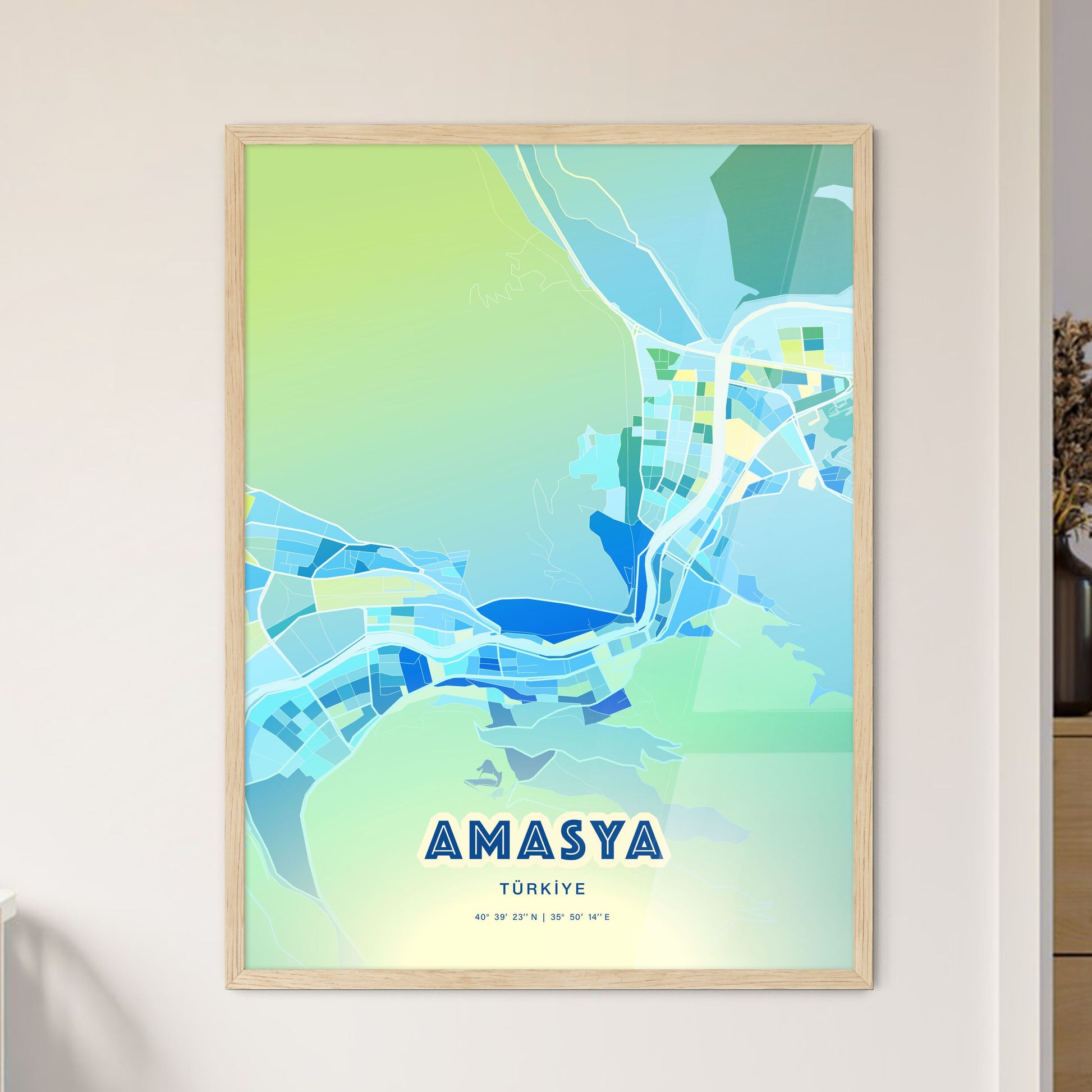 Colorful AMASYA TURKEY Fine Art Map Cool Blue