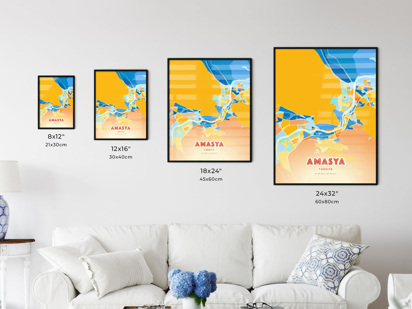 Colorful AMASYA TURKEY Fine Art Map Blue Orange