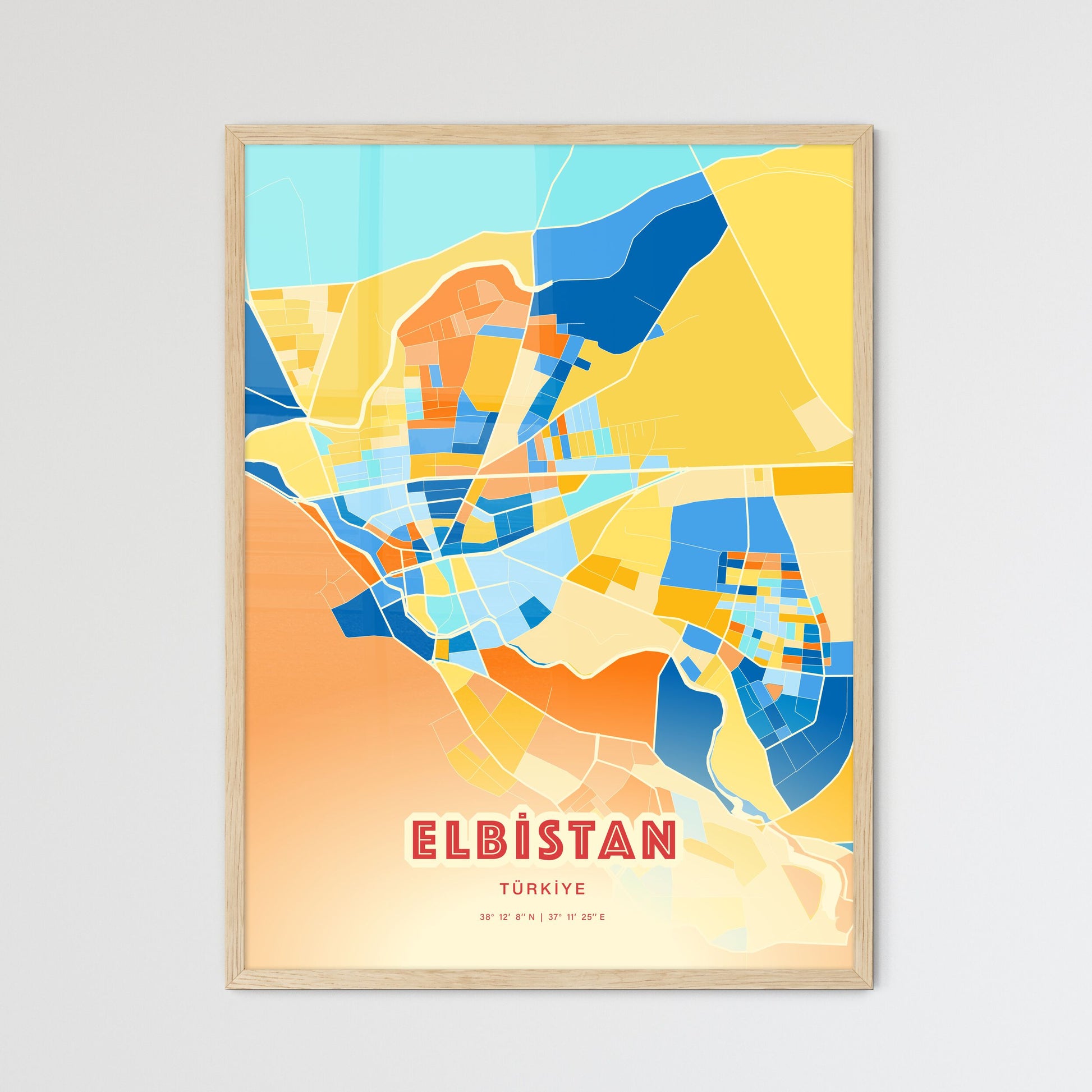 Colorful ELBISTAN TURKEY Fine Art Map Blue Orange