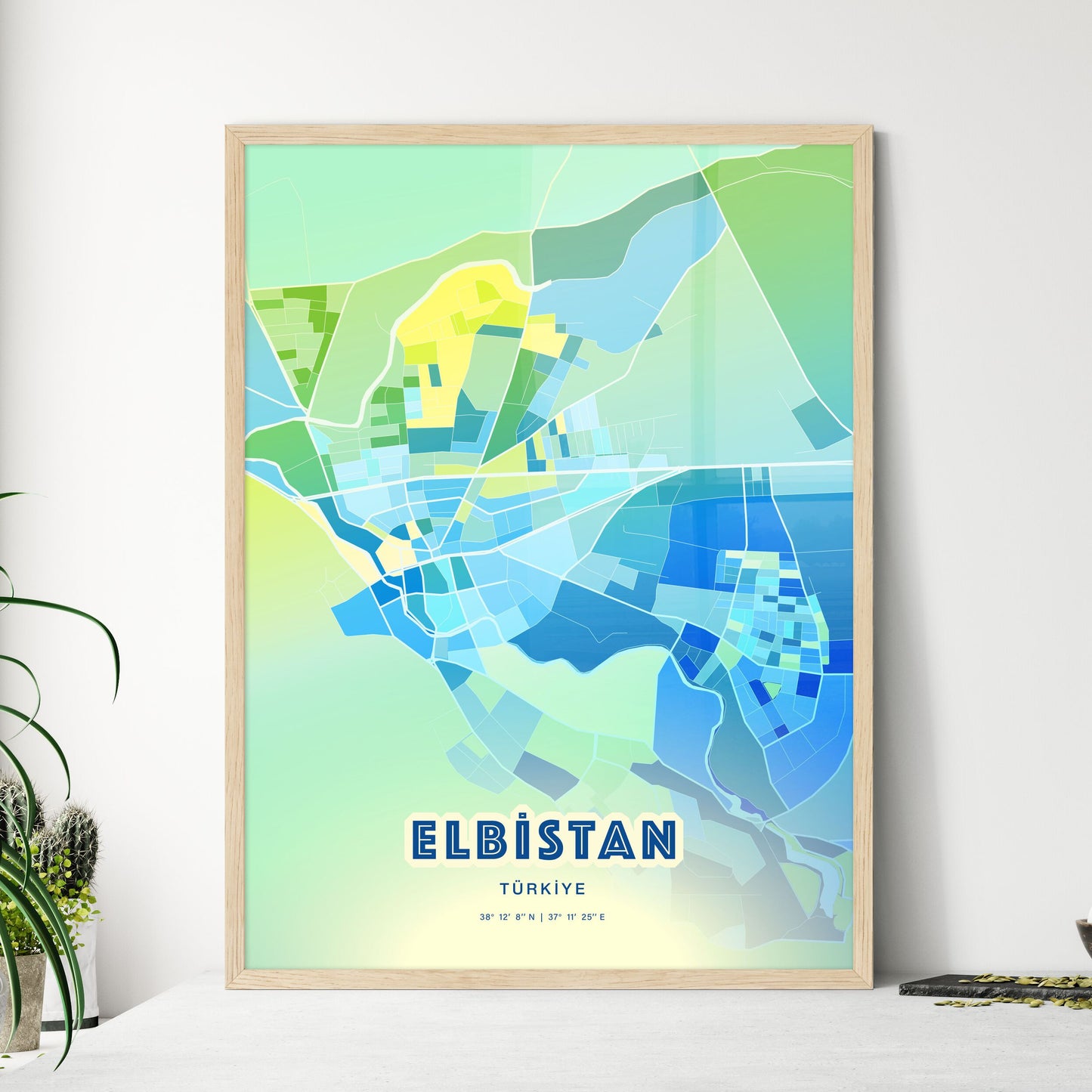 Colorful ELBISTAN TURKEY Fine Art Map Cool Blue