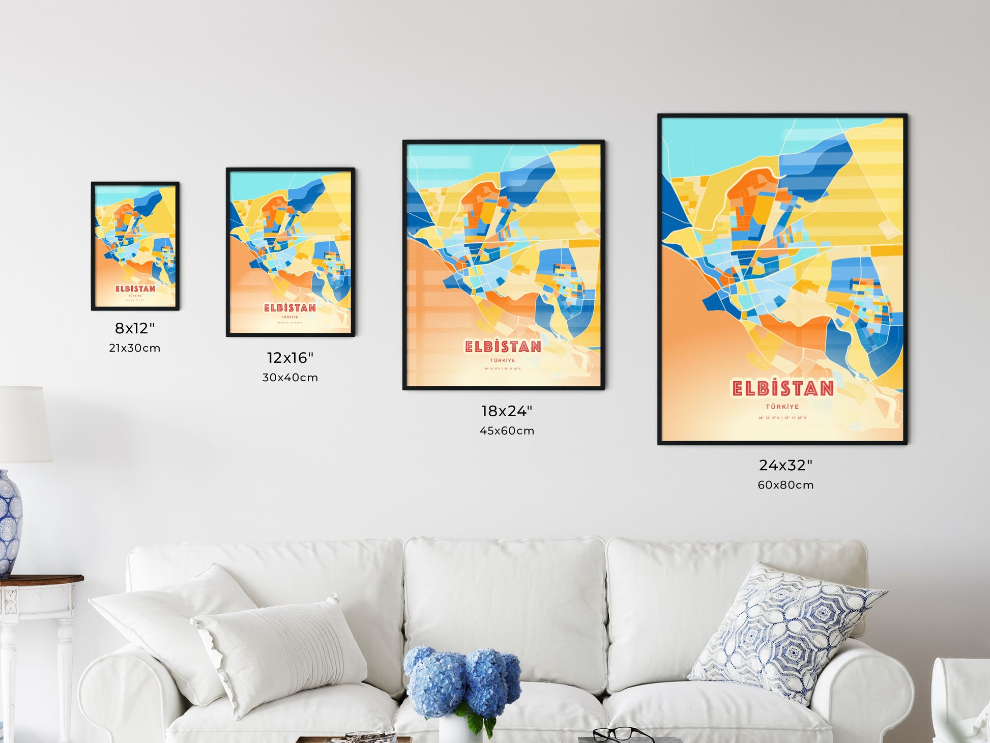 Colorful ELBISTAN TURKEY Fine Art Map Blue Orange