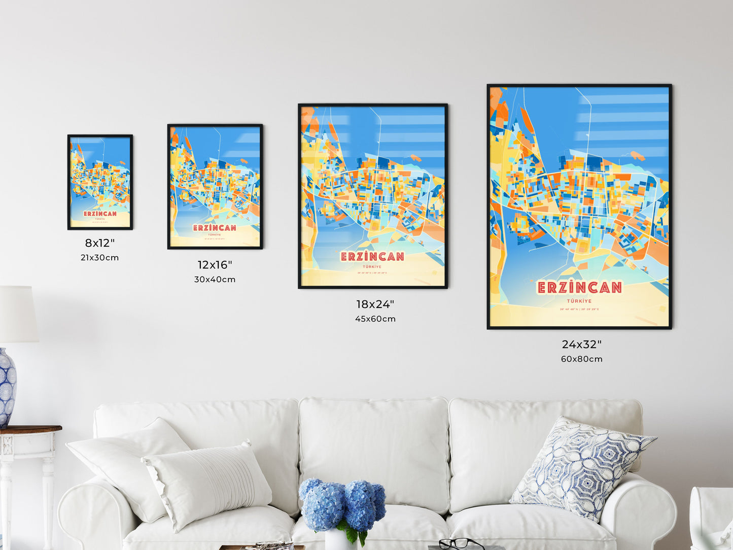 Colorful ERZINCAN TURKEY Fine Art Map Blue Orange