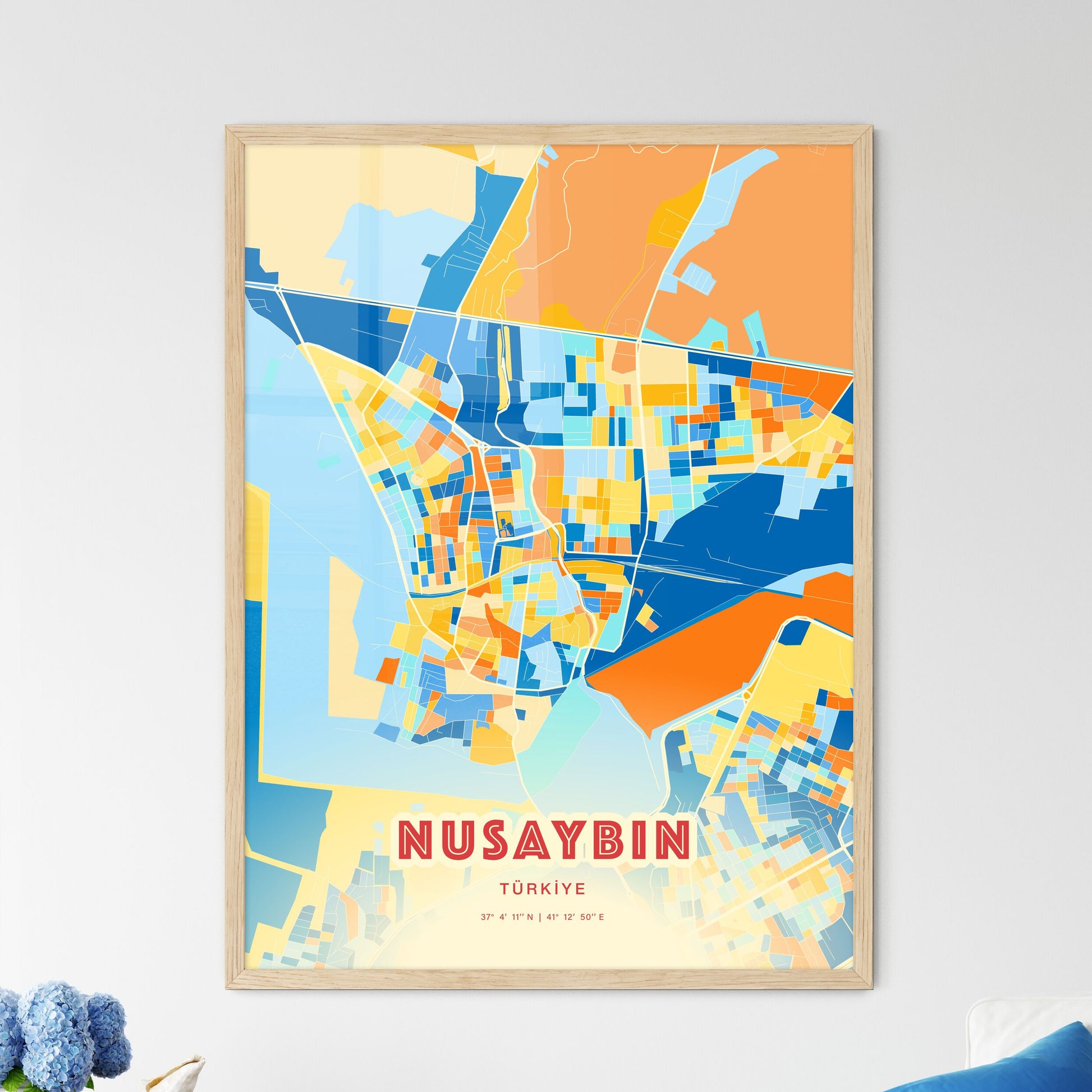 Colorful NUSAYBIN TURKEY Fine Art Map Blue Orange