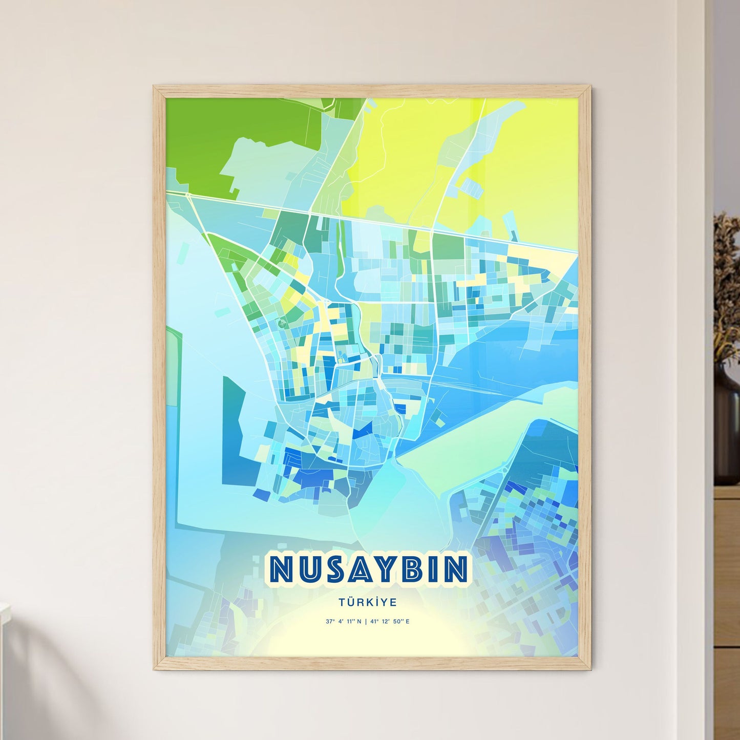 Colorful NUSAYBIN TURKEY Fine Art Map Cool Blue