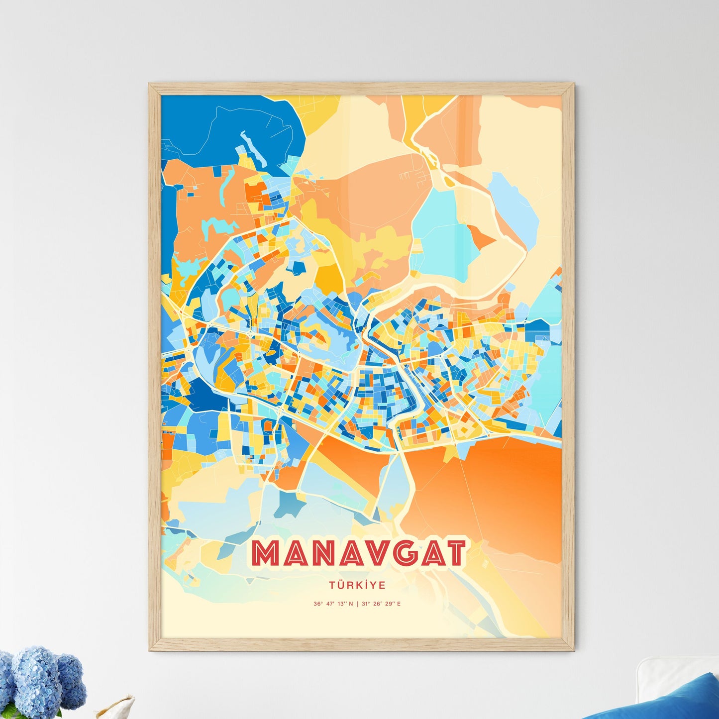 Colorful MANAVGAT TURKEY Fine Art Map Blue Orange