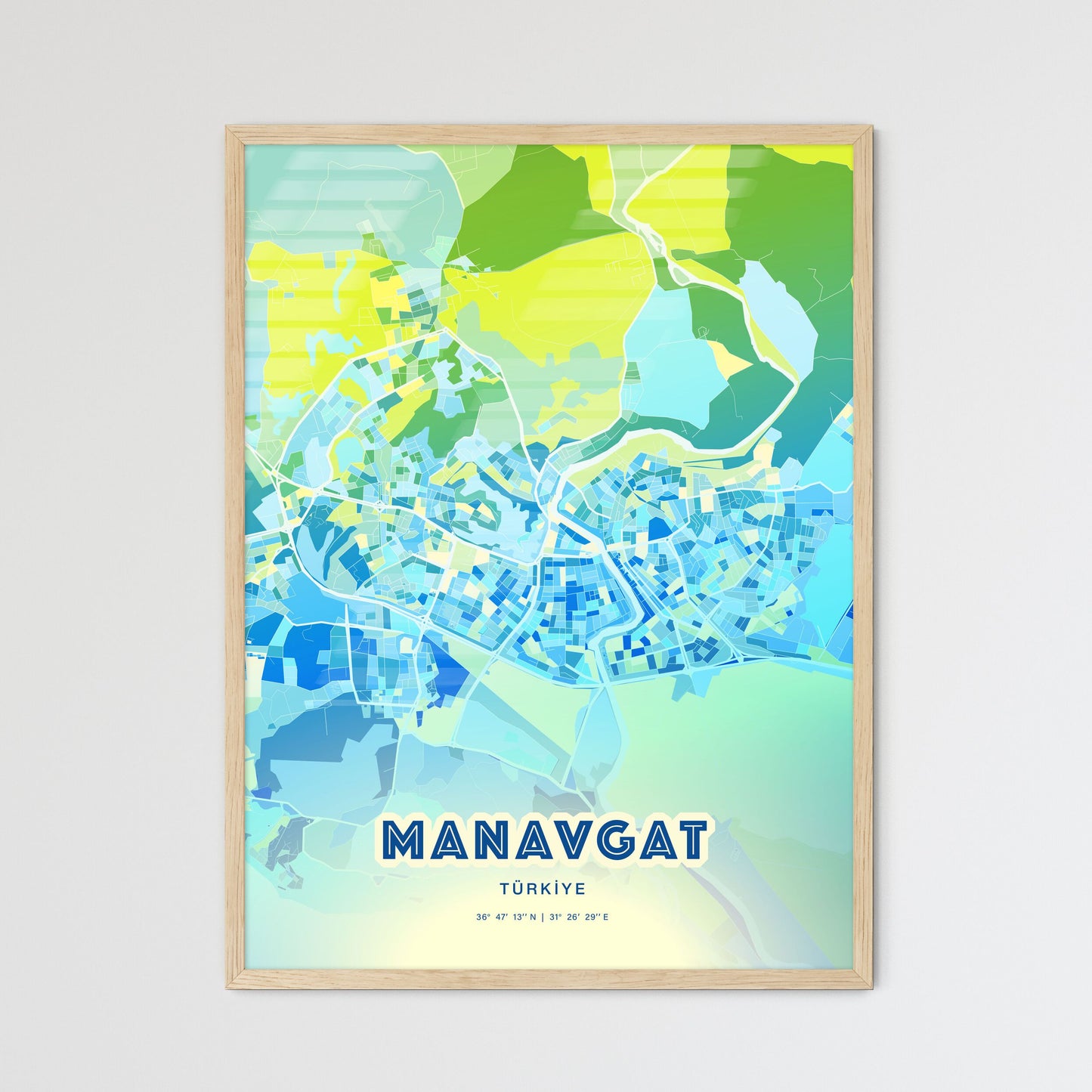 Colorful MANAVGAT TURKEY Fine Art Map Cool Blue