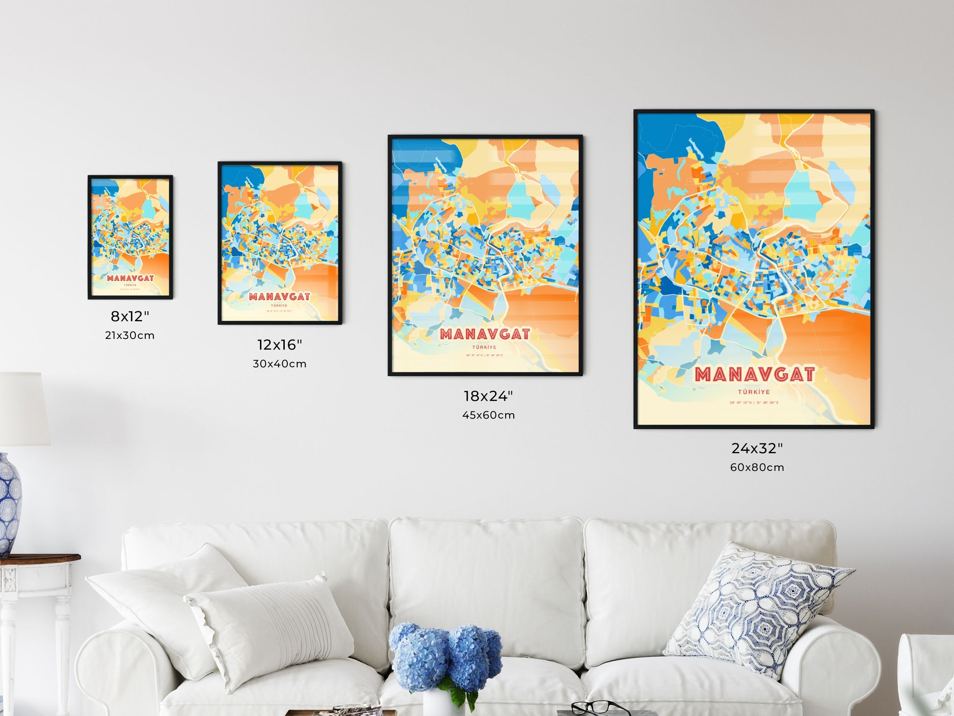 Colorful MANAVGAT TURKEY Fine Art Map Blue Orange