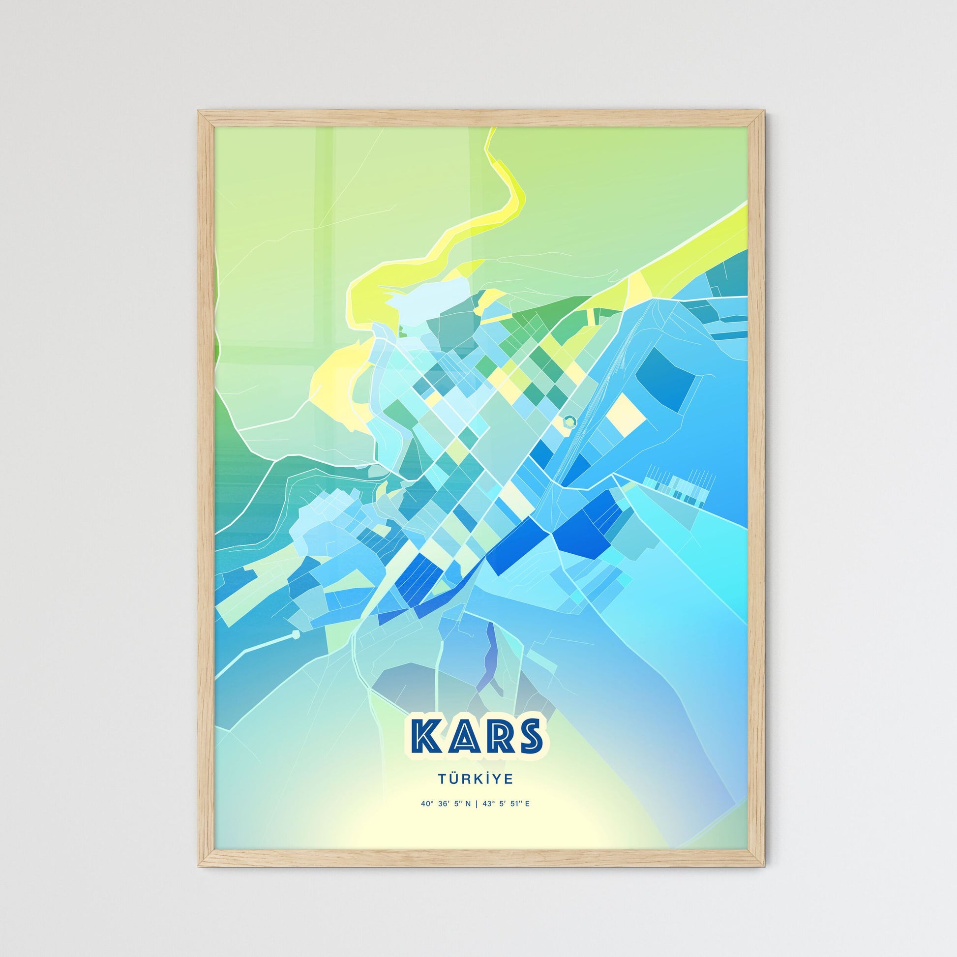 Colorful KARS TURKEY Fine Art Map Cool Blue