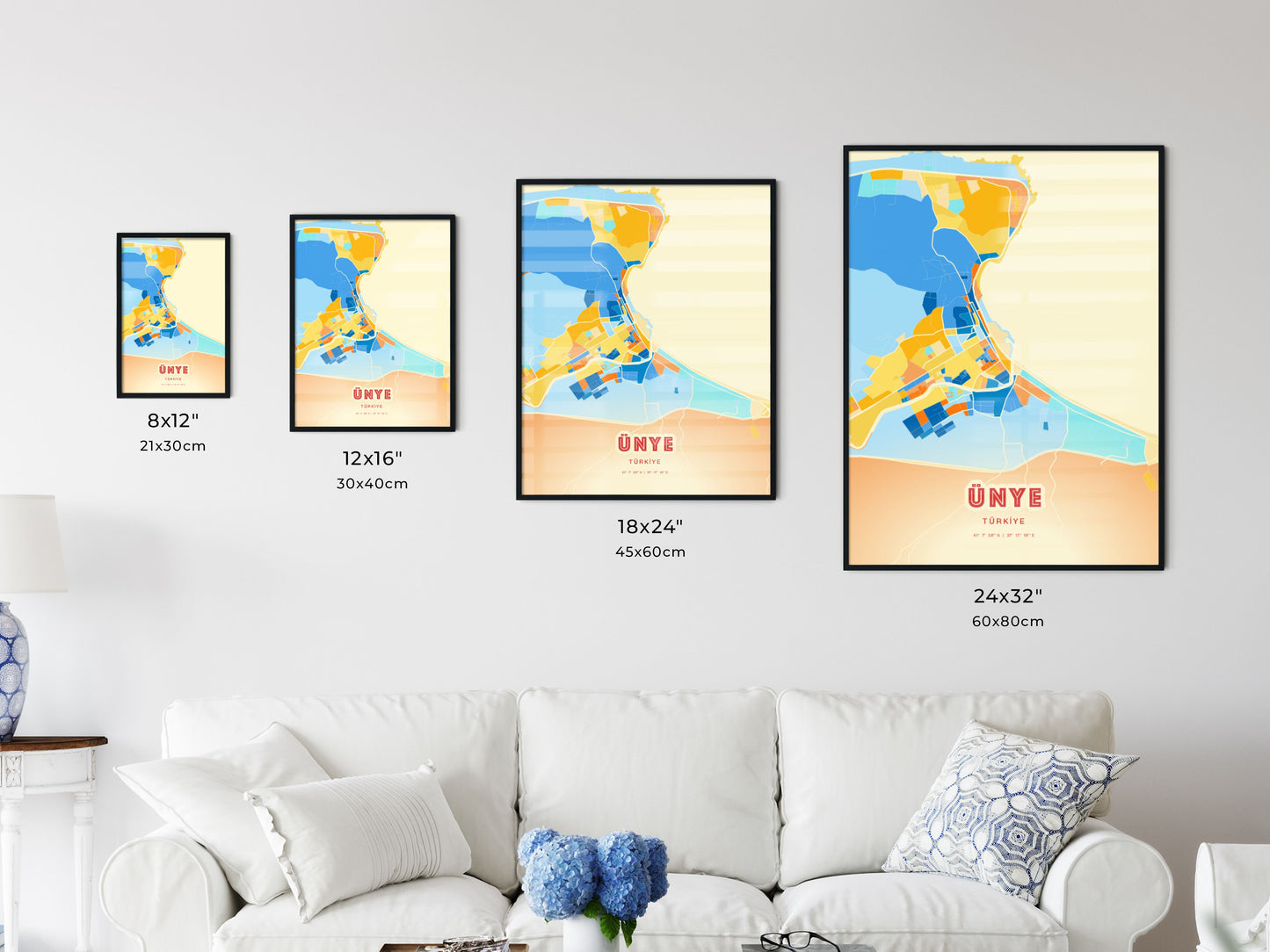 Colorful ÜNYE TURKEY Fine Art Map Blue Orange