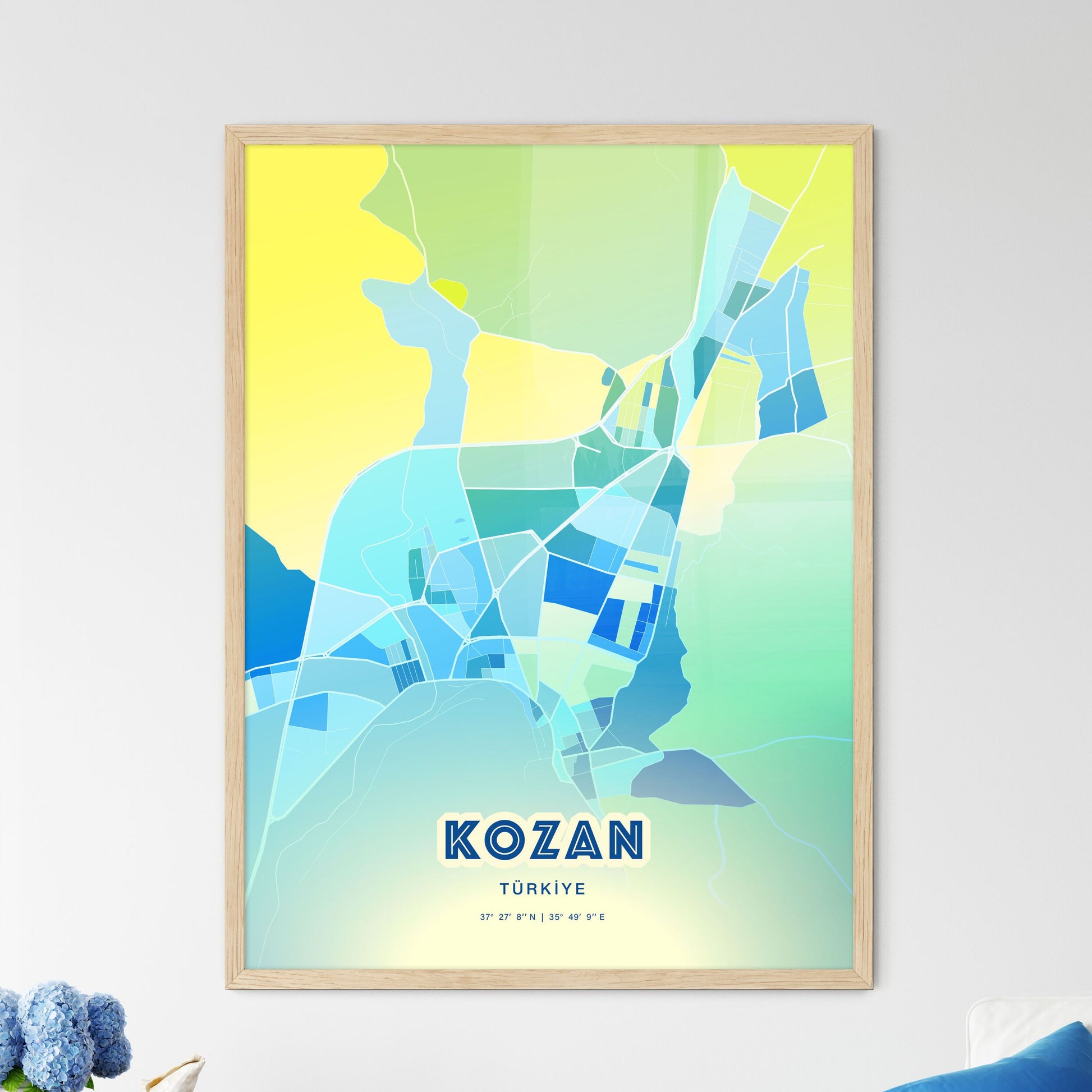 Colorful KOZAN TURKEY Fine Art Map Cool Blue