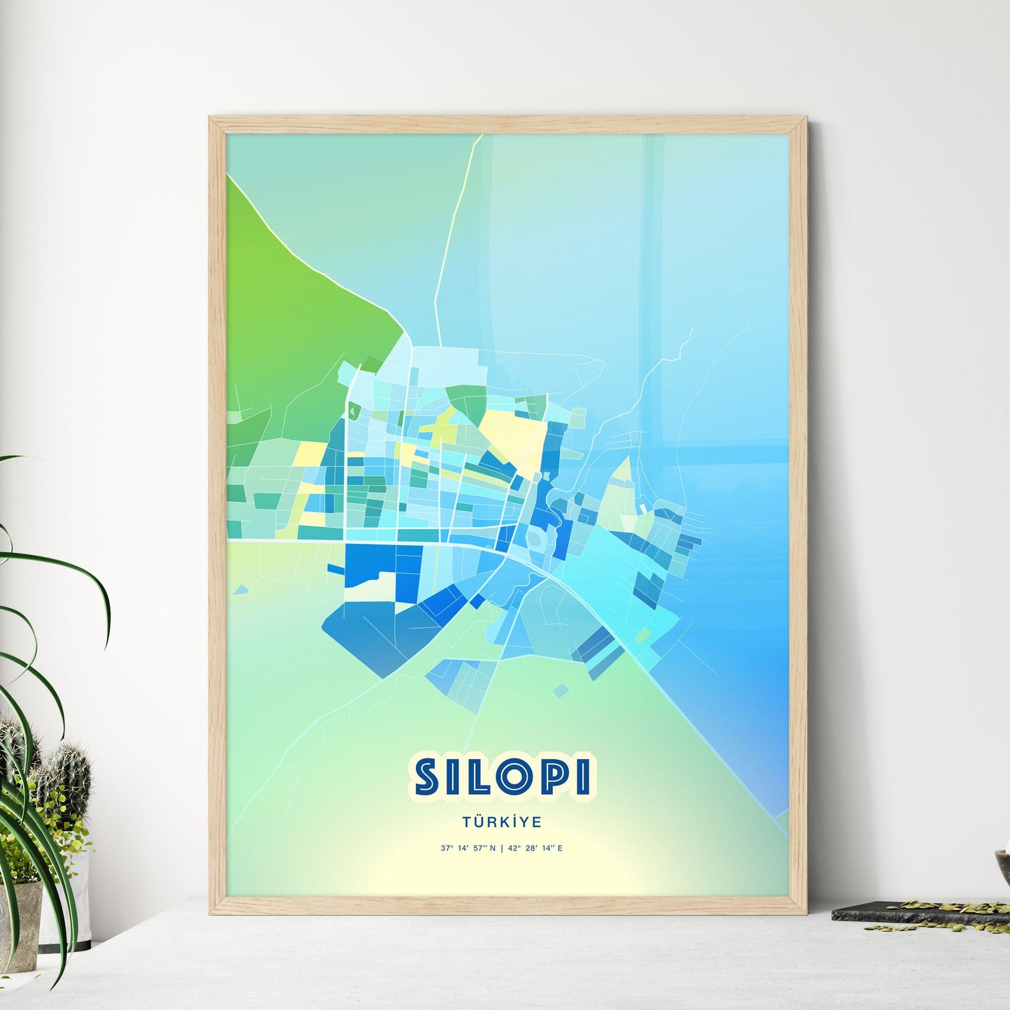 Colorful SILOPI TURKEY Fine Art Map Cool Blue