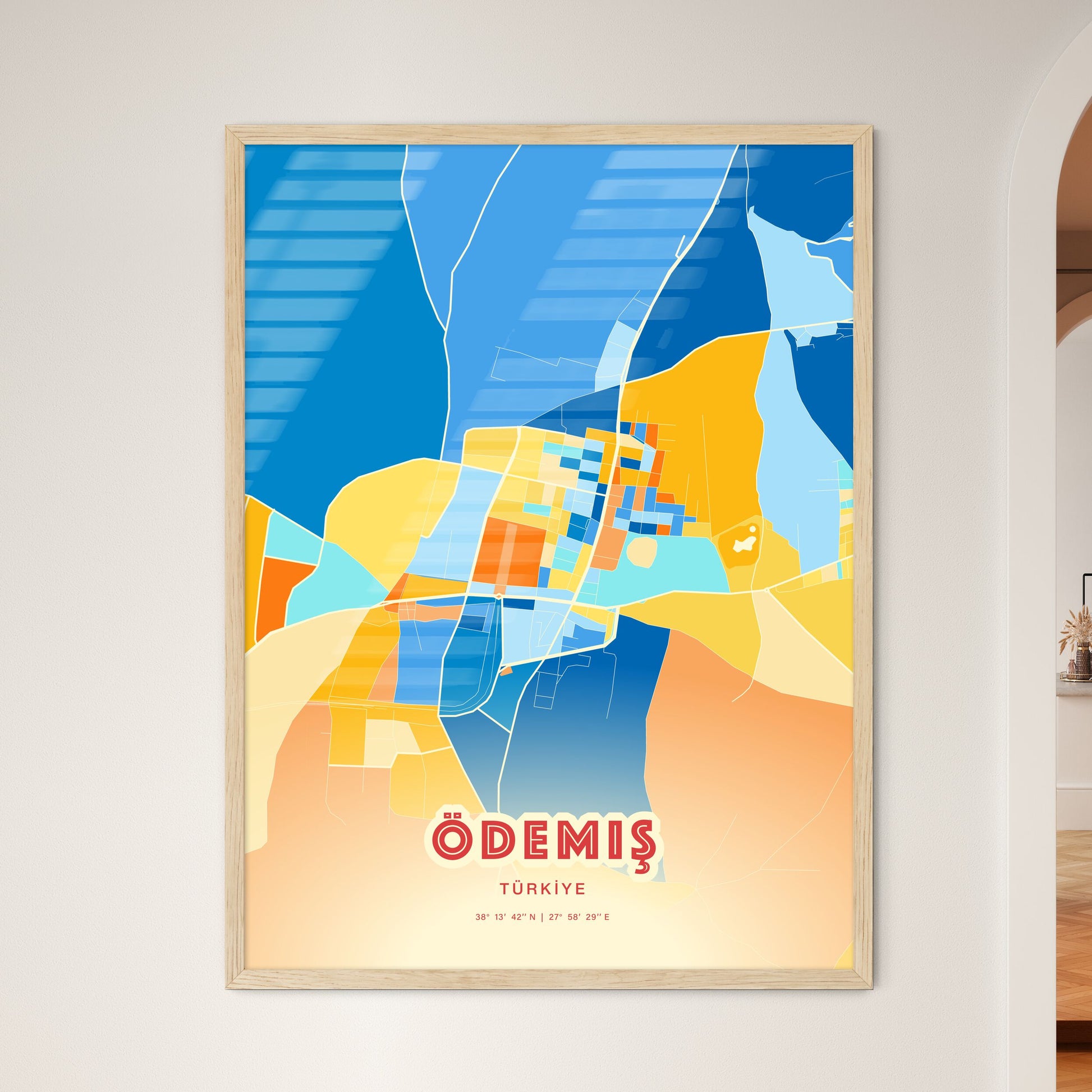 Colorful ÖDEMIŞ TURKEY Fine Art Map Blue Orange