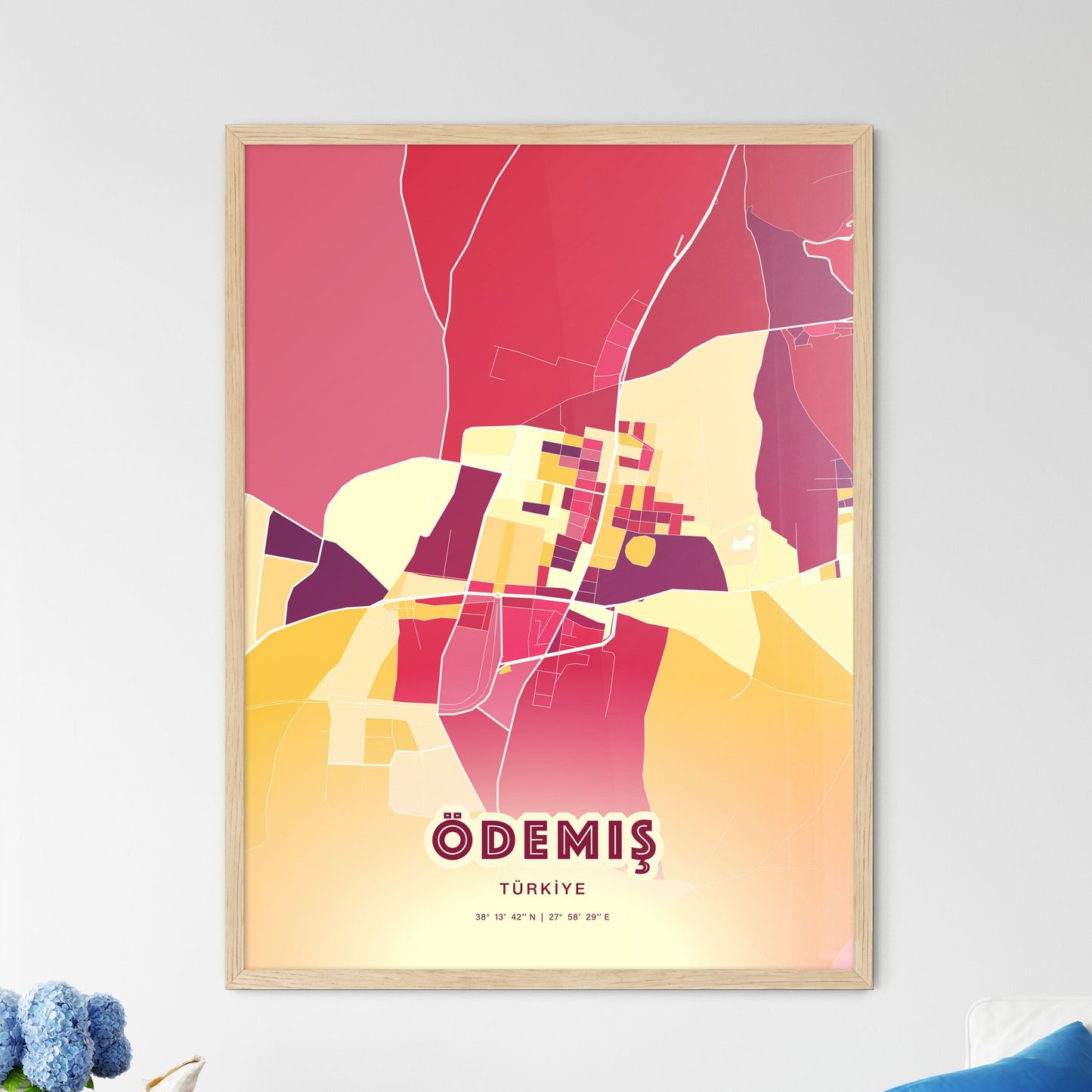 Colorful ÖDEMIŞ TURKEY Fine Art Map Hot Red