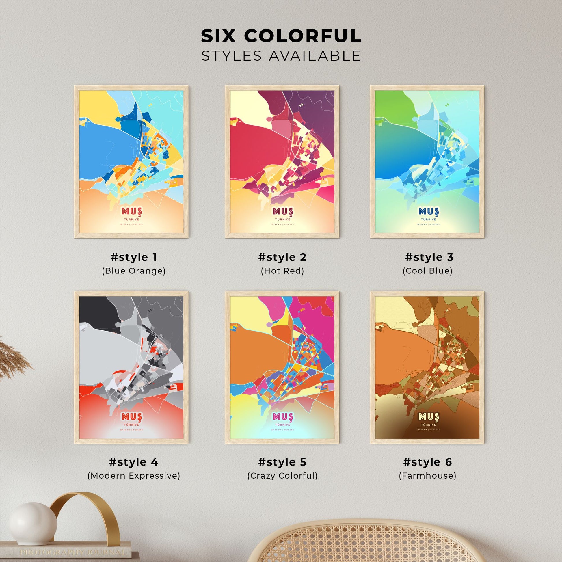 Colorful MUŞ TURKEY Fine Art Map Blue Orange