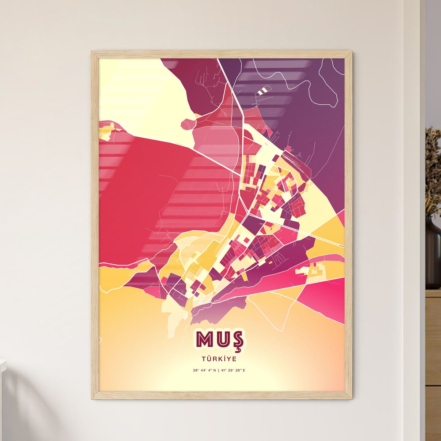 Colorful MUŞ TURKEY Fine Art Map Hot Red