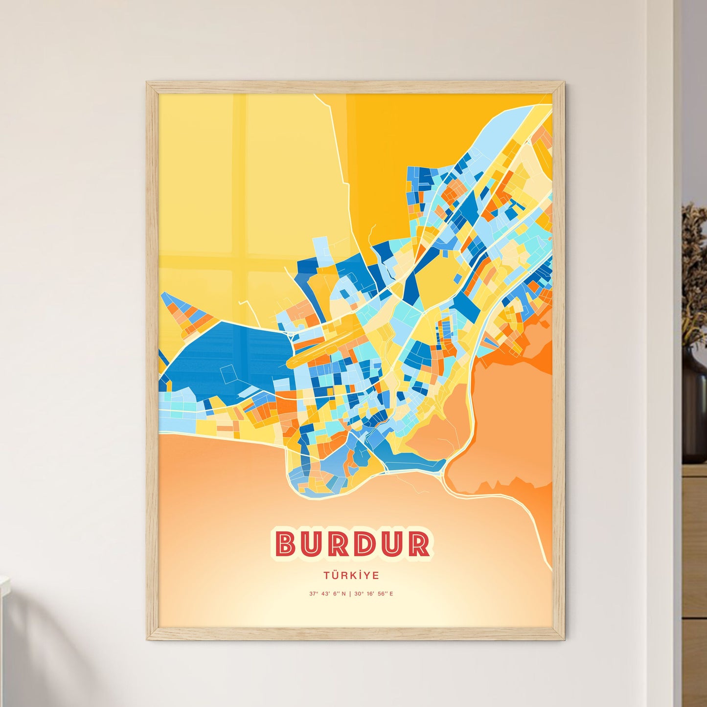 Colorful BURDUR TURKEY Fine Art Map Blue Orange