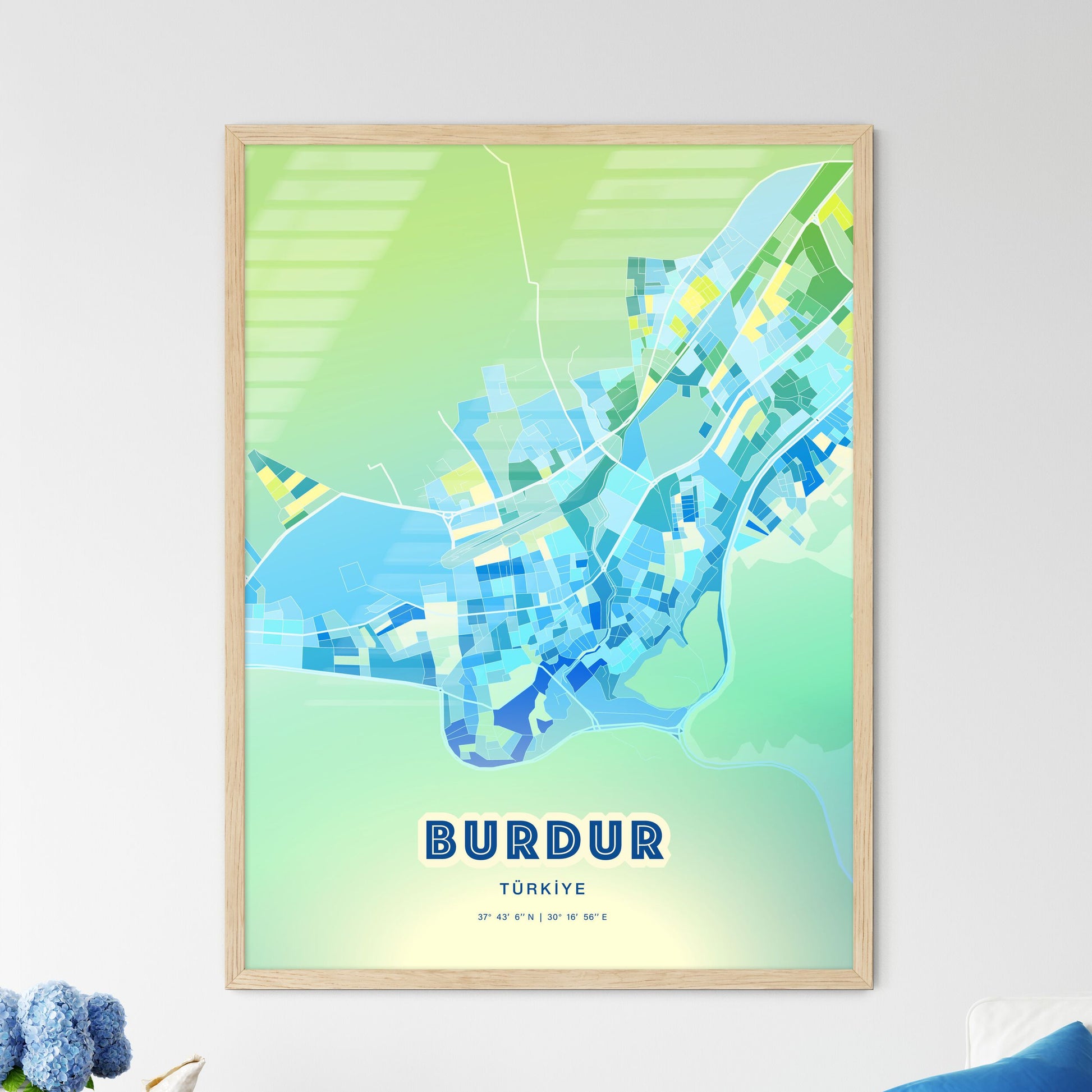 Colorful BURDUR TURKEY Fine Art Map Cool Blue