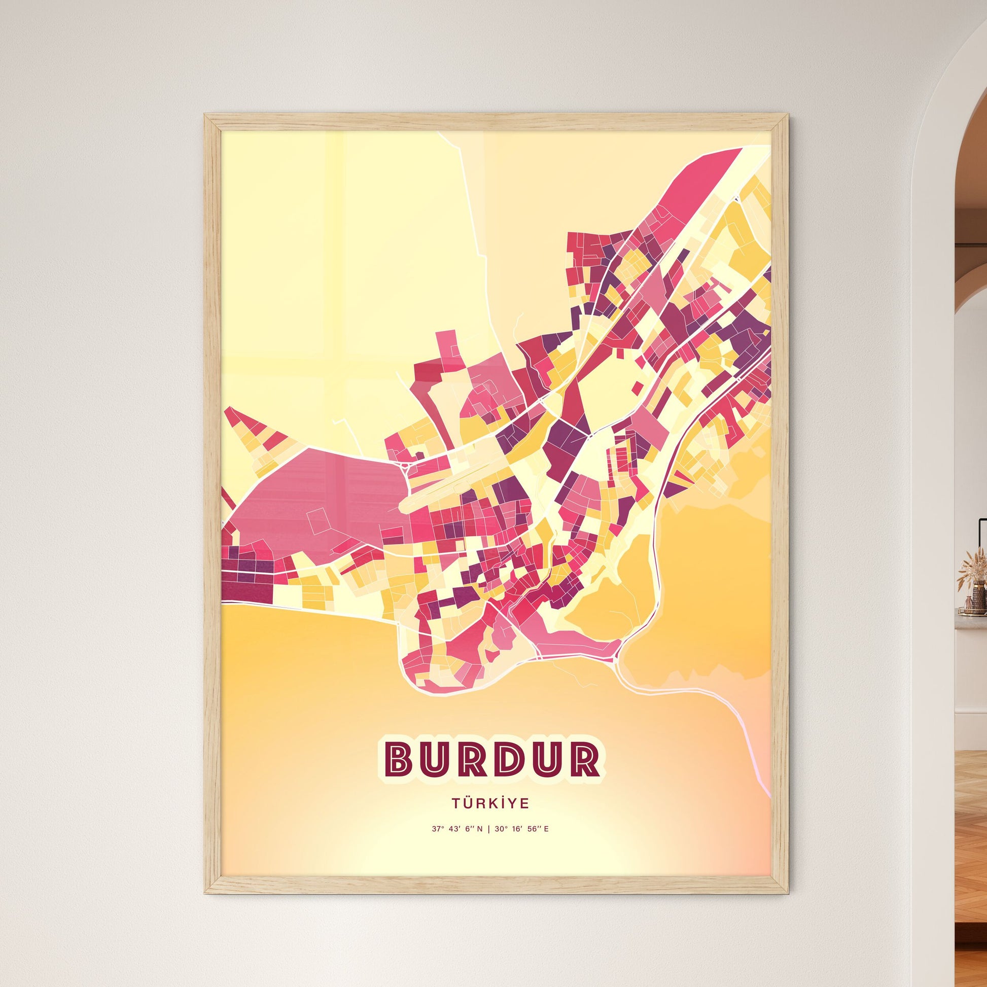 Colorful BURDUR TURKEY Fine Art Map Hot Red