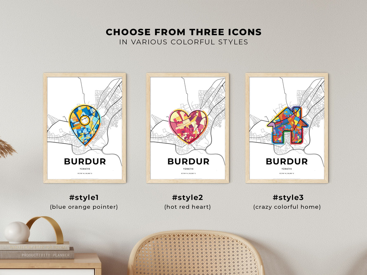 Burdur Turkey maps with colorful icons