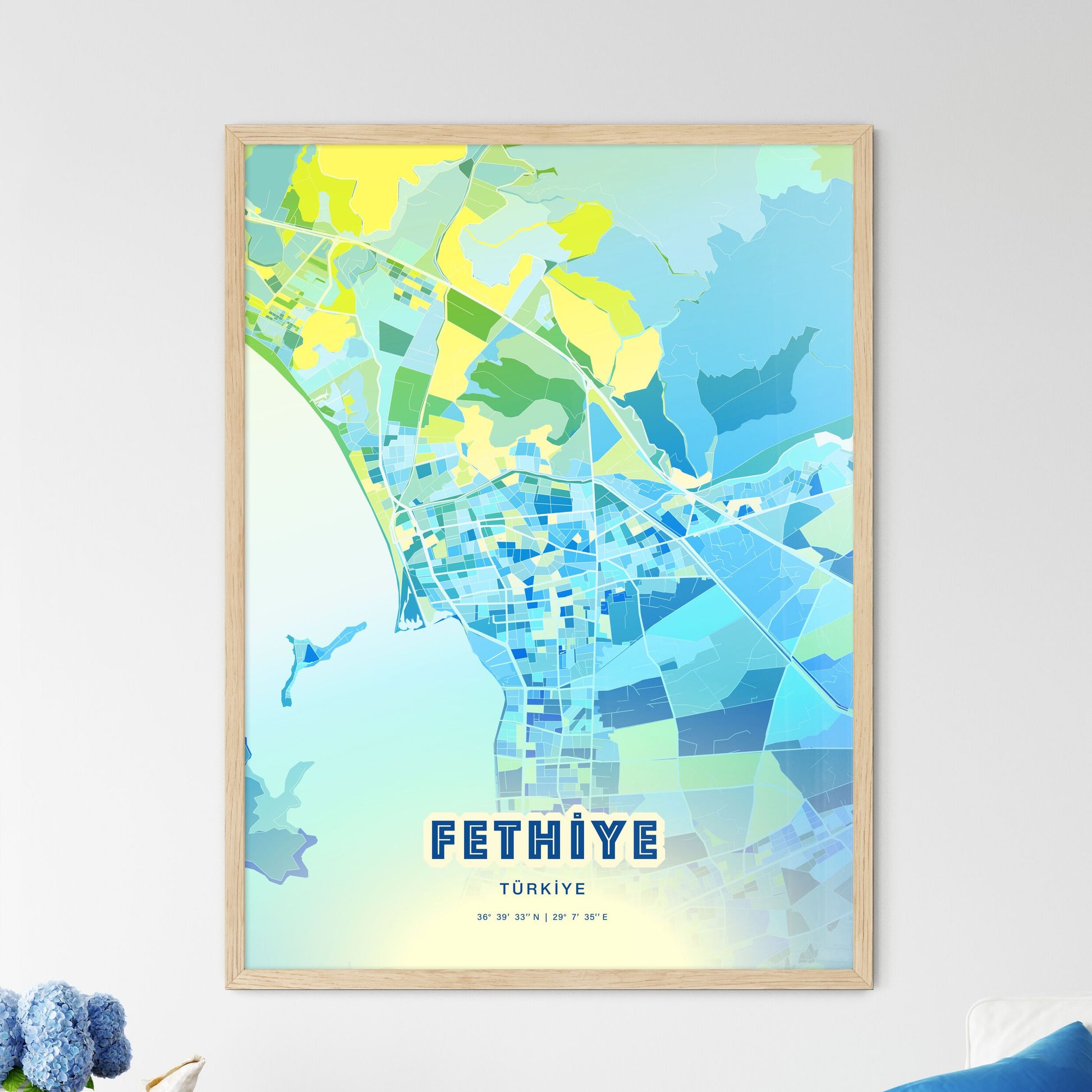 Colorful FETHIYE TURKEY Fine Art Map Cool Blue