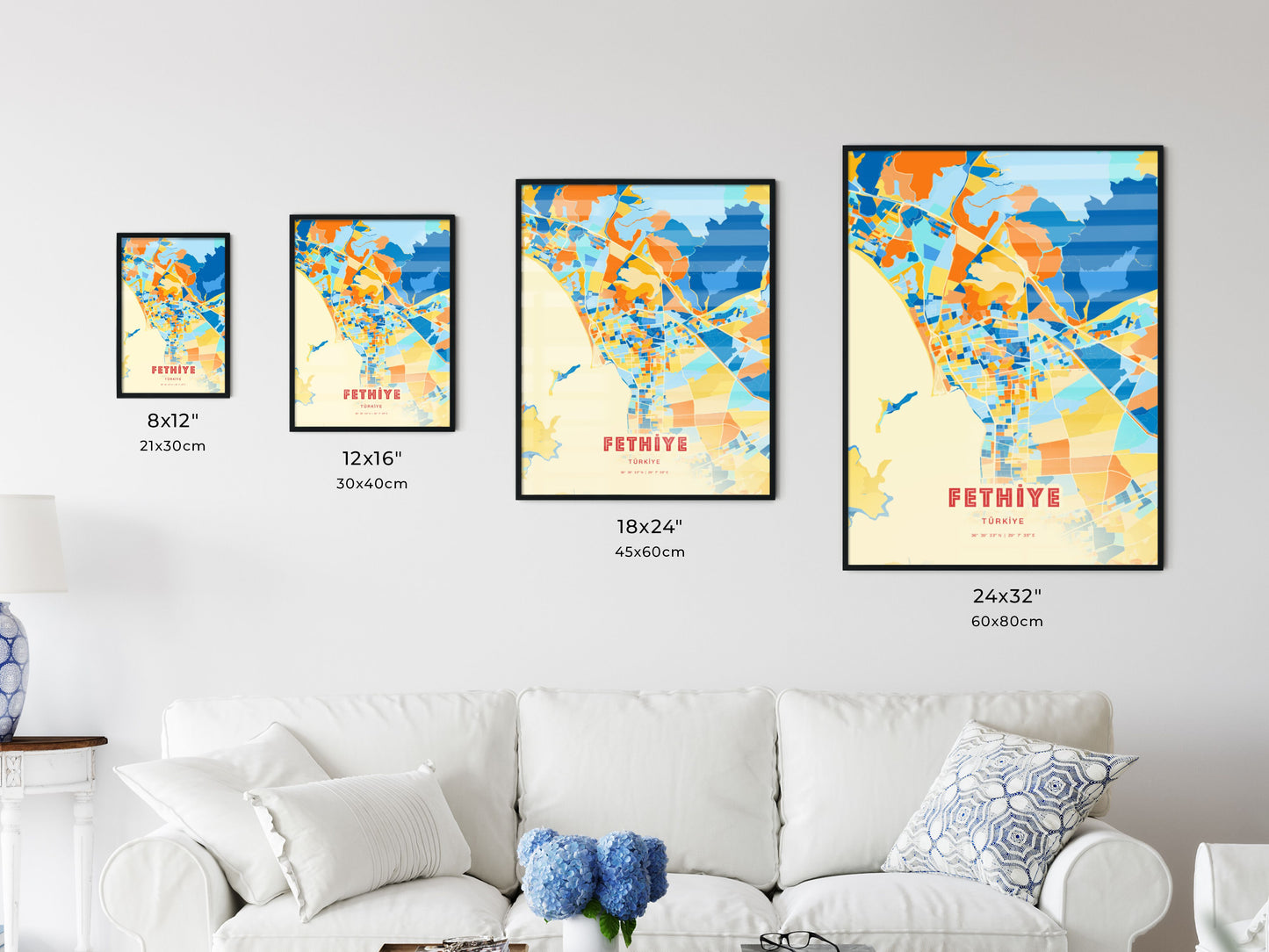 Colorful FETHIYE TURKEY Fine Art Map Blue Orange