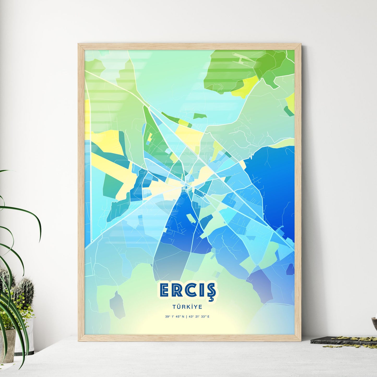 Colorful ERCIŞ TURKEY Fine Art Map Cool Blue