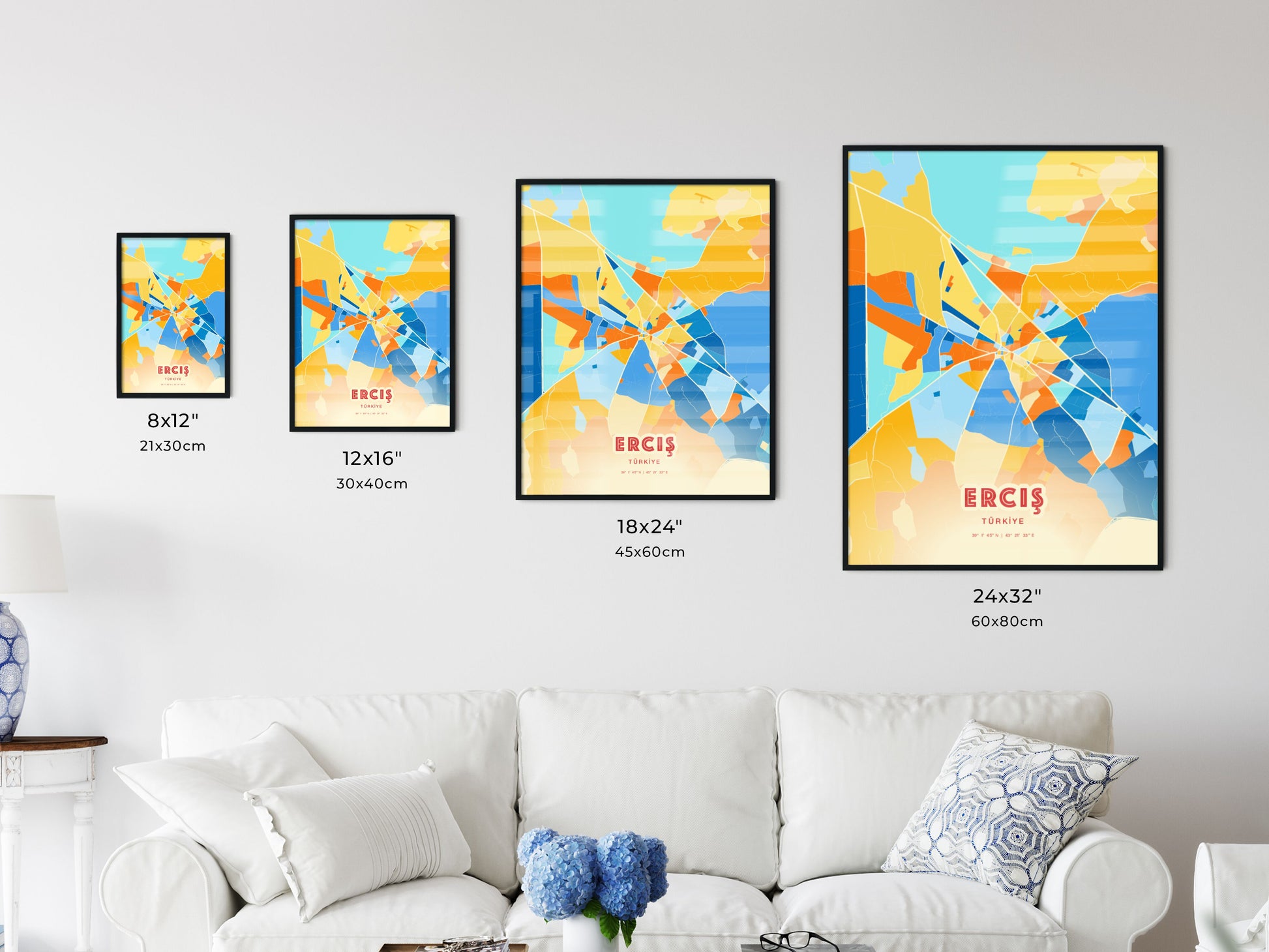 Colorful ERCIŞ TURKEY Fine Art Map Blue Orange