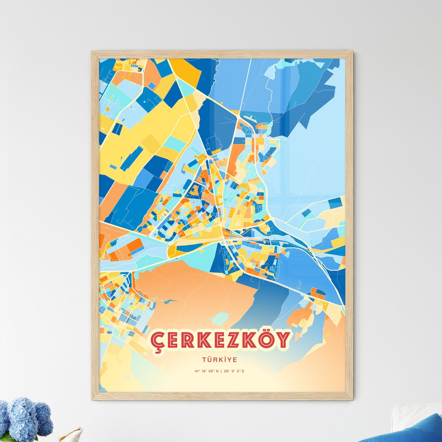 Colorful ÇERKEZKÖY TURKEY Fine Art Map Blue Orange