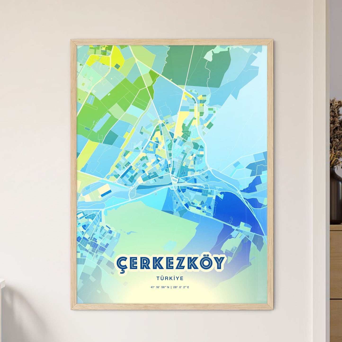 Colorful ÇERKEZKÖY TURKEY Fine Art Map Cool Blue