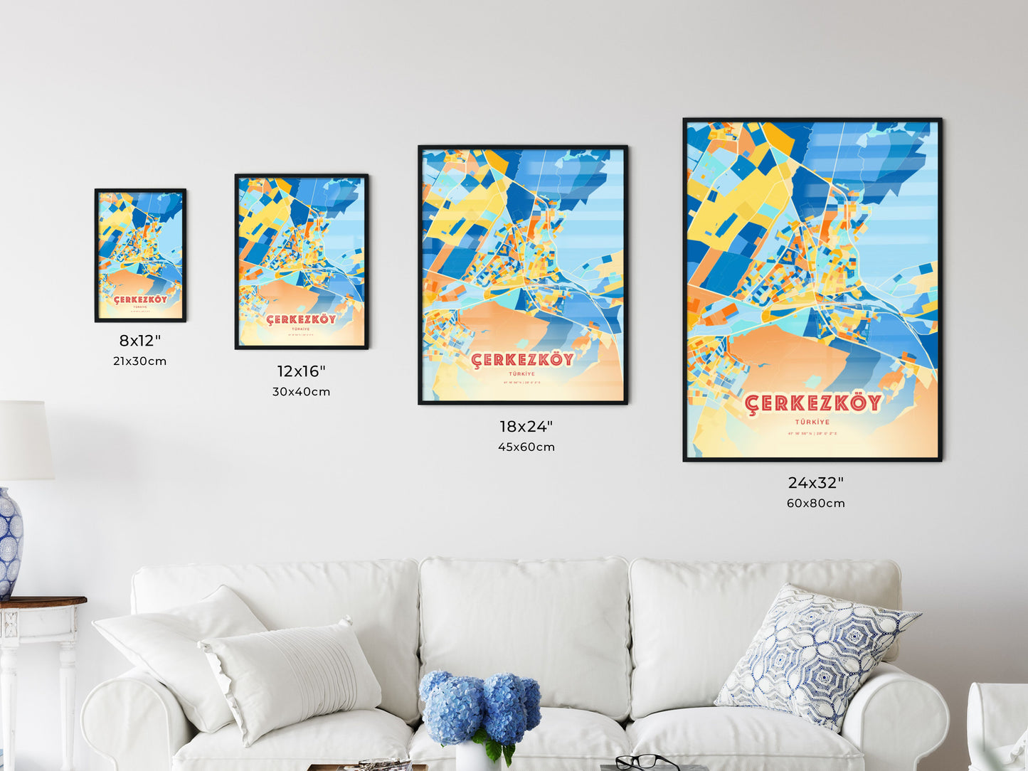 Colorful ÇERKEZKÖY TURKEY Fine Art Map Blue Orange