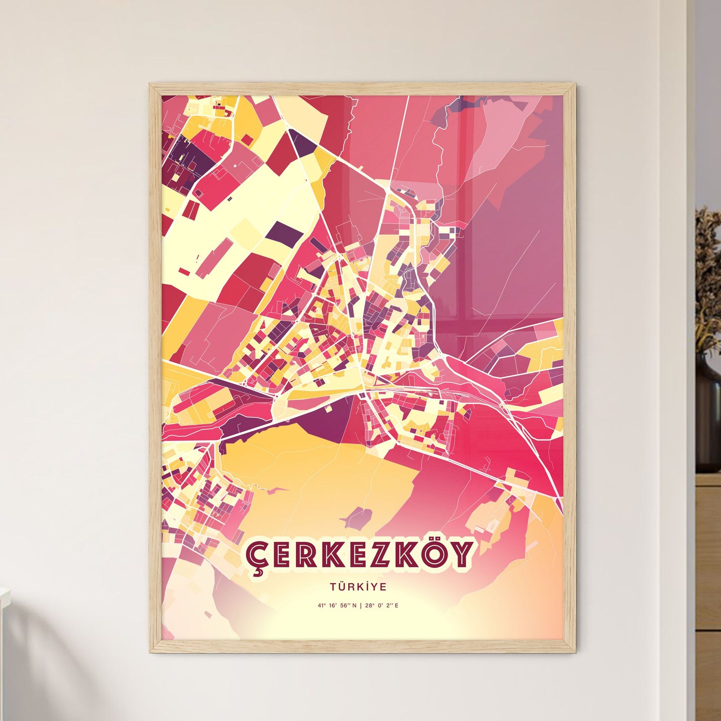 Colorful ÇERKEZKÖY TURKEY Fine Art Map Hot Red