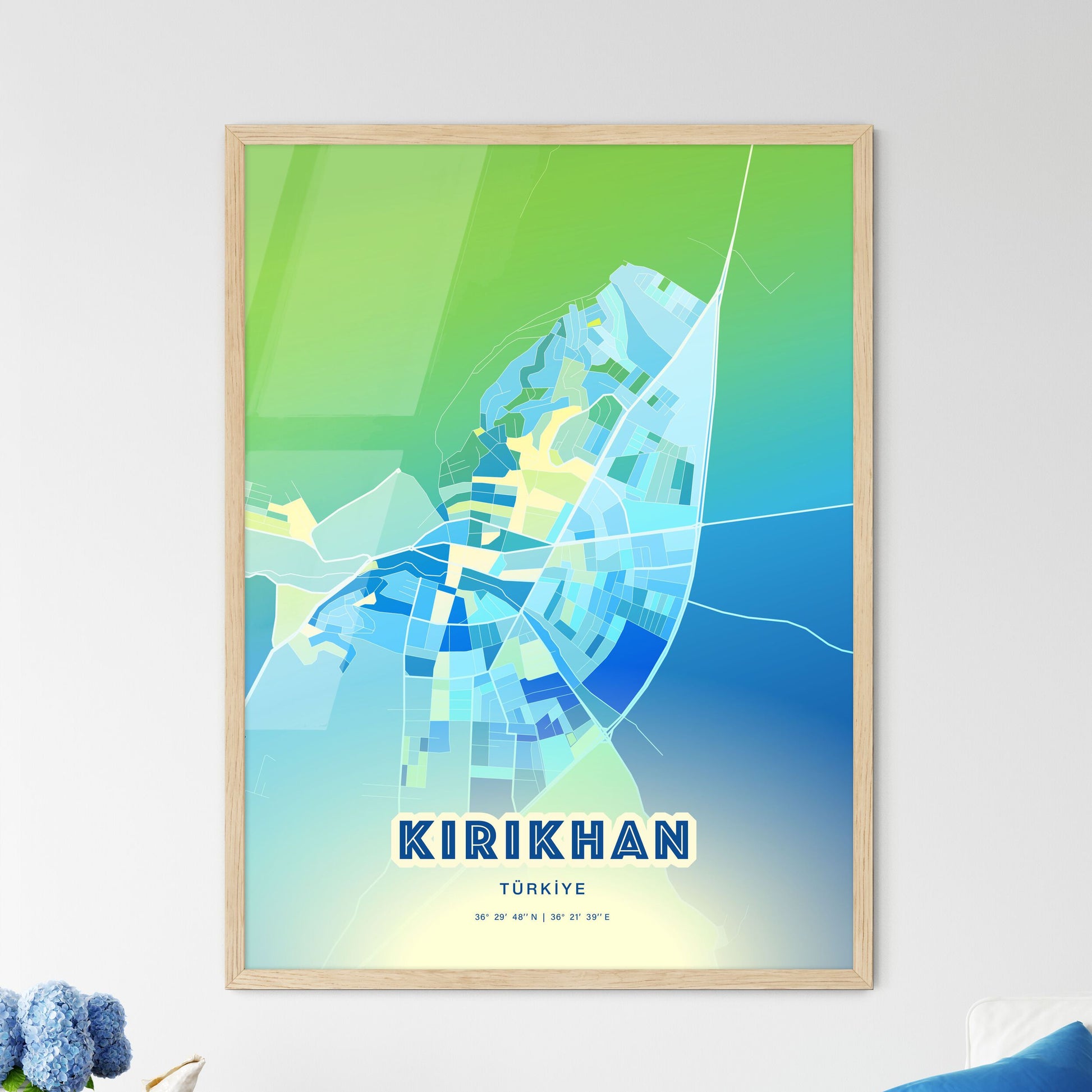 Colorful KIRIKHAN TURKEY Fine Art Map Cool Blue