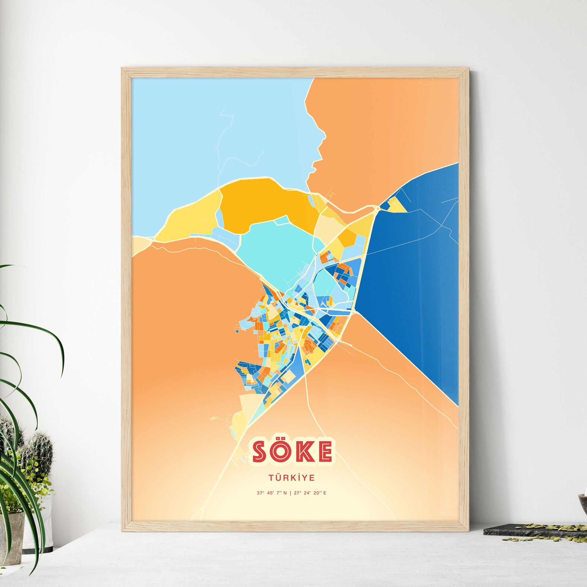 Colorful SÖKE TURKEY Fine Art Map Blue Orange