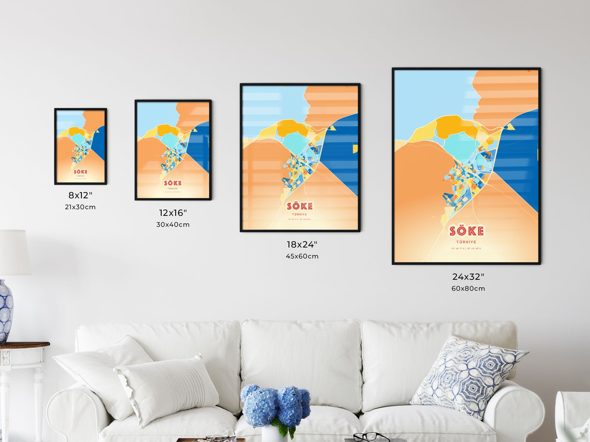 Colorful SÖKE TURKEY Fine Art Map Blue Orange