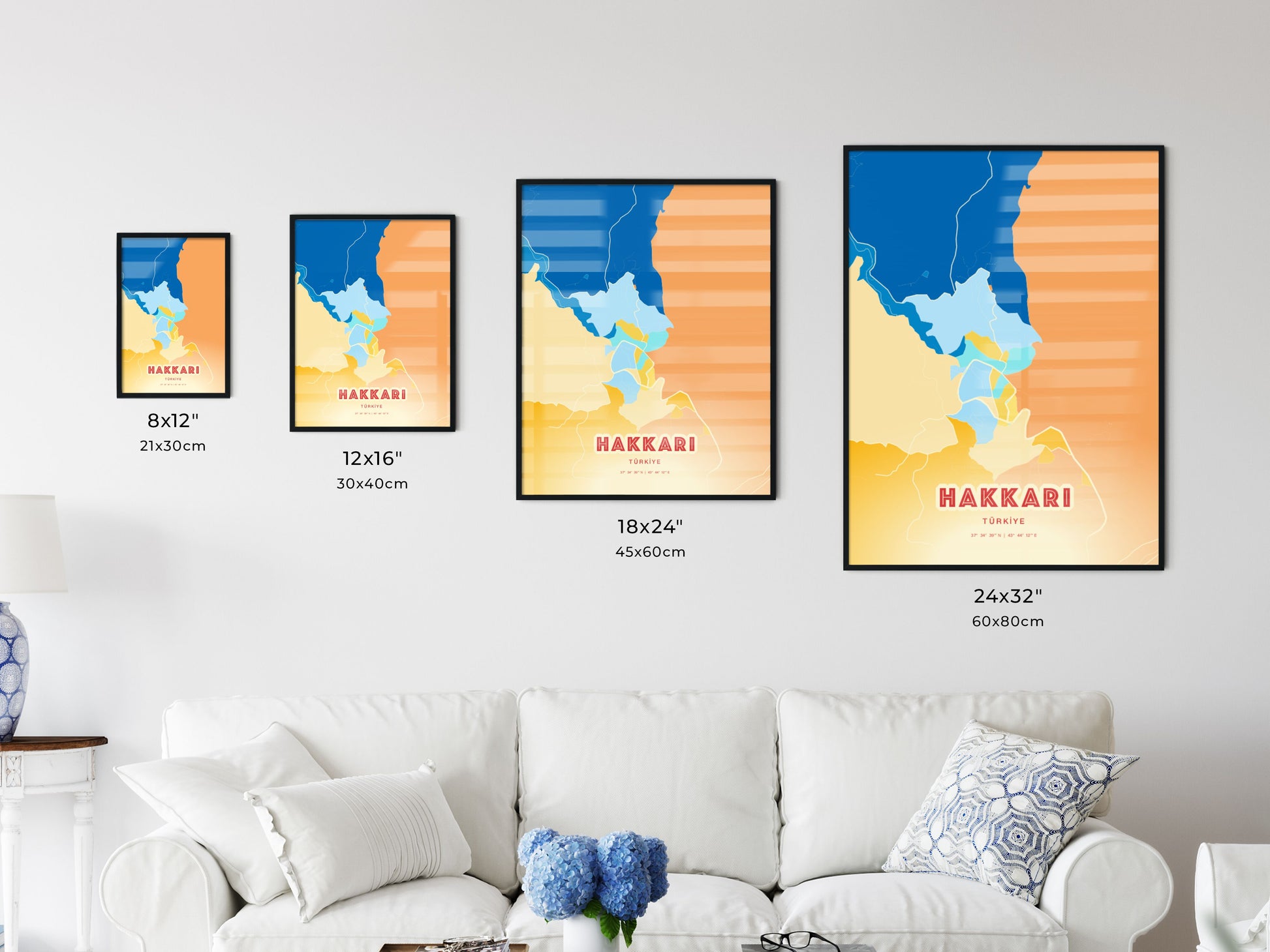 Colorful HAKKÂRI TURKEY Fine Art Map Blue Orange