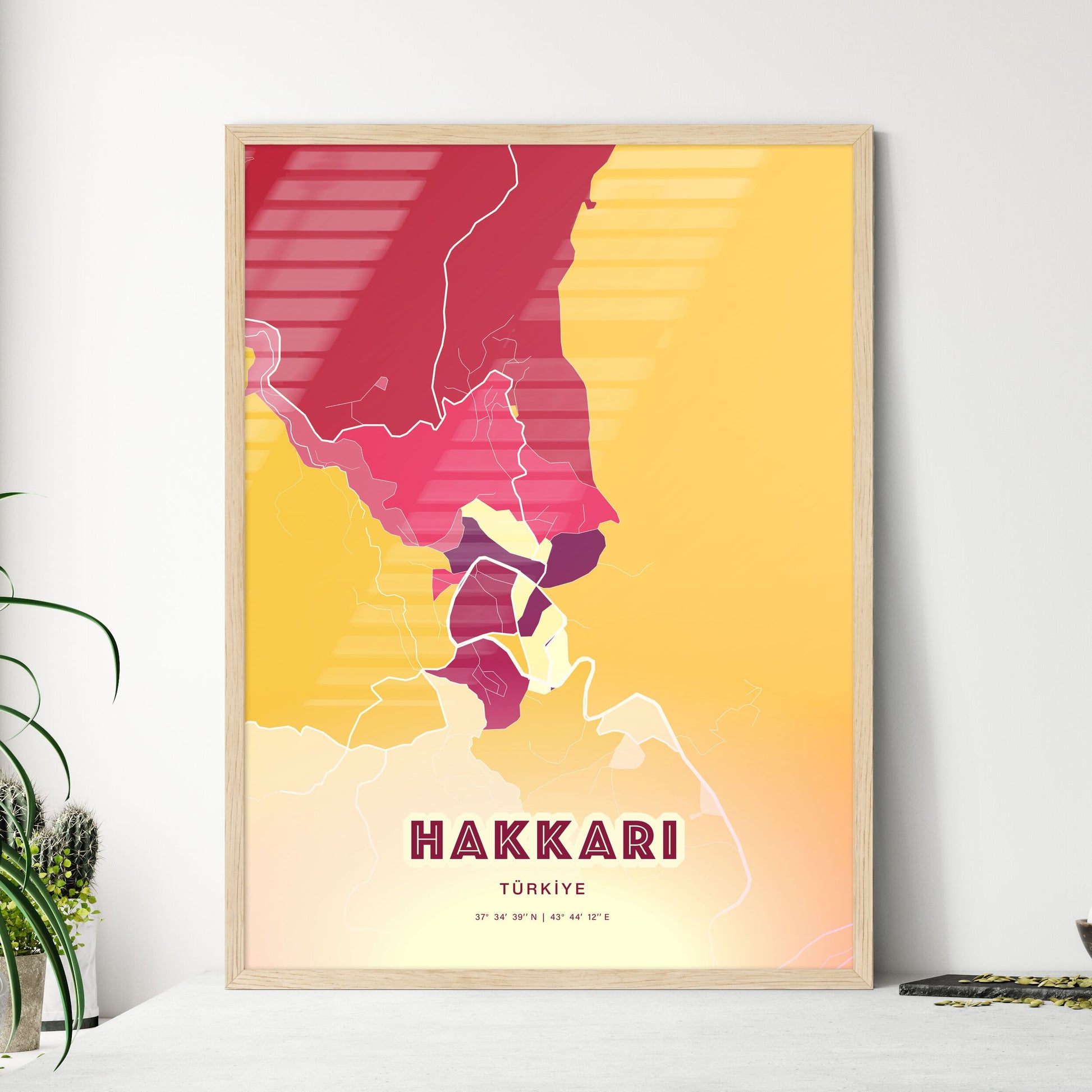 Colorful HAKKÂRI TURKEY Fine Art Map Hot Red