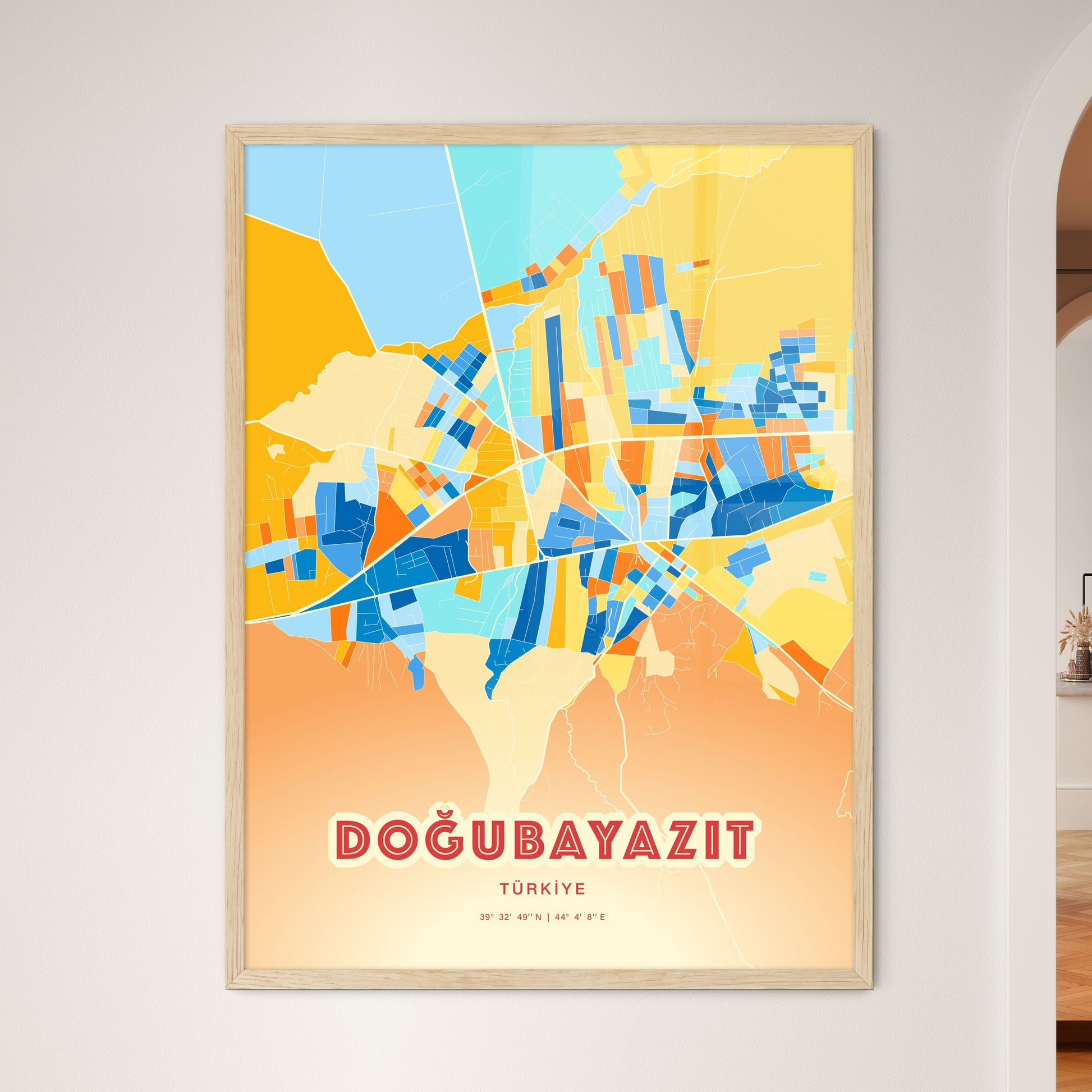 Colorful DOĞUBAYAZIT TURKEY Fine Art Map Blue Orange