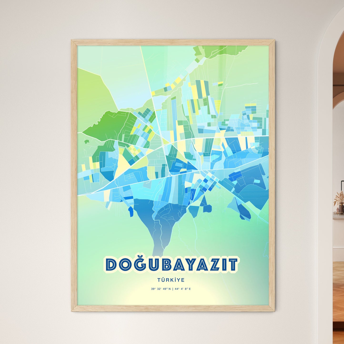 Colorful DOĞUBAYAZIT TURKEY Fine Art Map Cool Blue