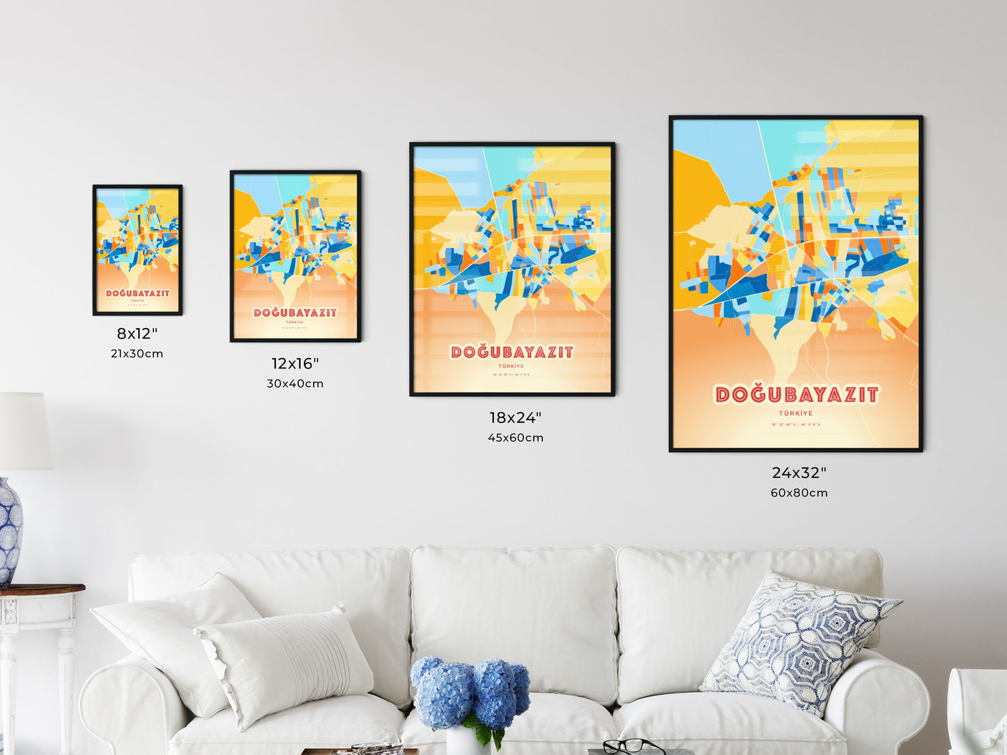 Colorful DOĞUBAYAZIT TURKEY Fine Art Map Blue Orange