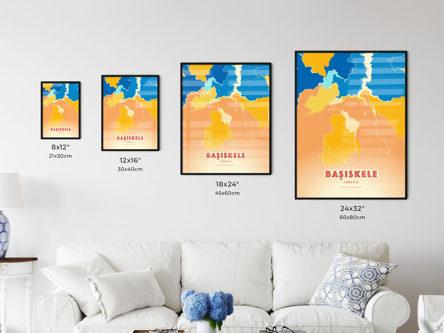 Colorful BAŞISKELE TURKEY Fine Art Map Blue Orange