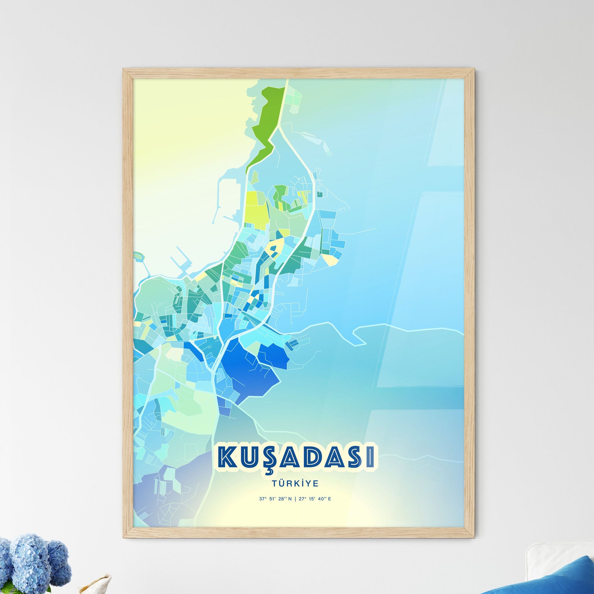 Colorful KUŞADASI TURKEY Fine Art Map Cool Blue