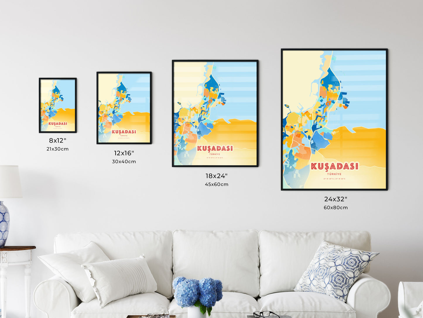 Colorful KUŞADASI TURKEY Fine Art Map Blue Orange