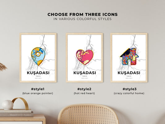 Kuşadasi Turkey maps with colorful icons