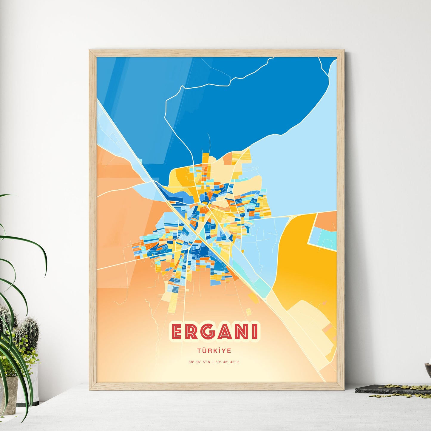 Colorful ERGANI TURKEY Fine Art Map Blue Orange